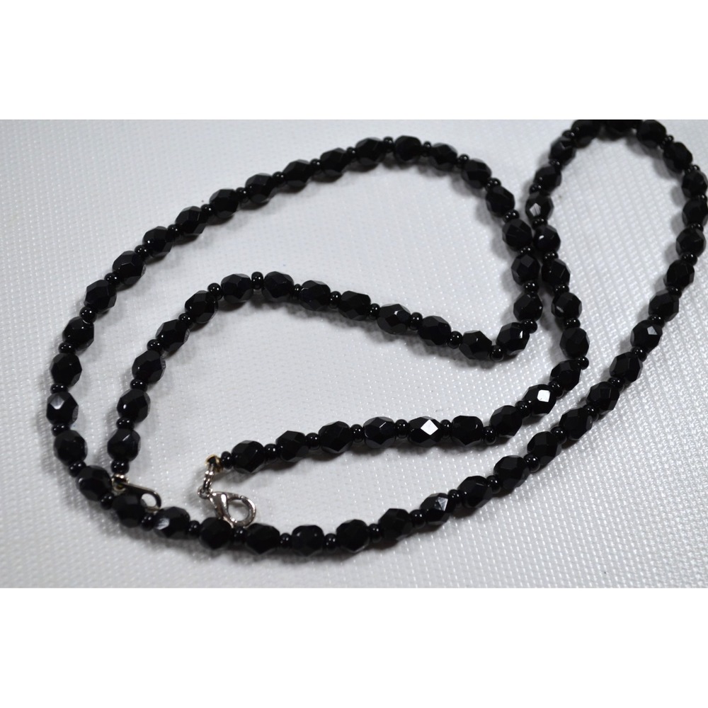 Vintage Handmade Glass Bead Necklace Small Black‎ Faceted Beads 25"